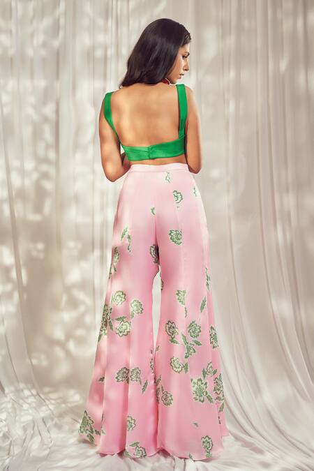 Shop_Harshita Singhvi_Pink Silk, Georgette Embroidery V-neck Fleur Print Blazer Flared Pant Set _Online_at_Aza_Fashions