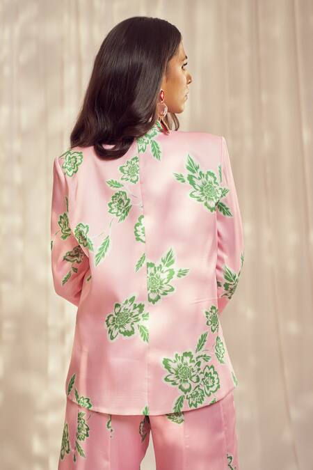 Shop_Harshita Singhvi_Pink Silk, Georgette Embroidery V-neck Fleur Print Blazer Flared Pant Set 