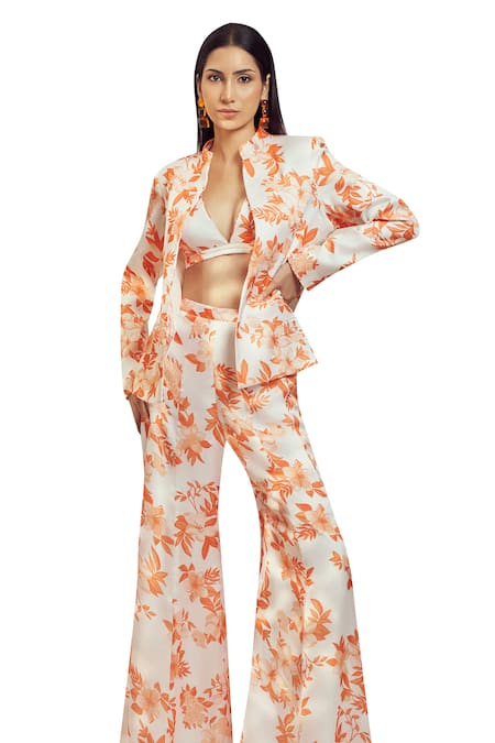 Buy_Harshita Singhvi_Orange Georgette, Satin Embroidery V-neck Florence Print Blazer Flared Pant Set _Online_at_Aza_Fashions