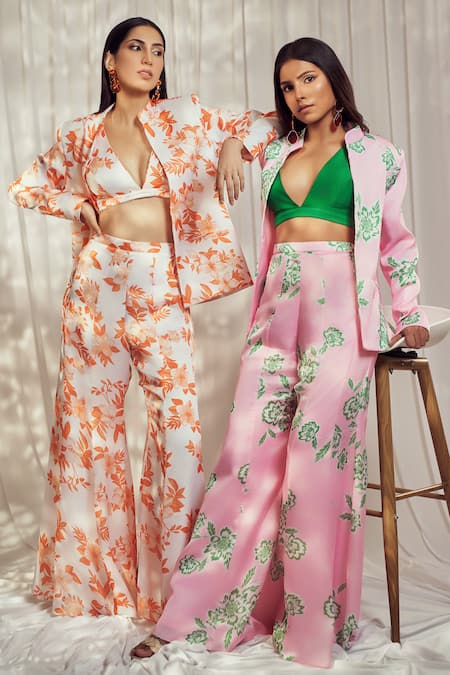 Shop_Harshita Singhvi_Orange Georgette, Satin Embroidery V-neck Florence Print Blazer Flared Pant Set _Online_at_Aza_Fashions