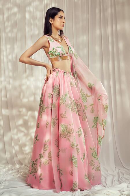 Harshita Singhvi_Pink Organza, Silk Cut Work Plunge Neck Rosa Bloom Print Lehenga Set _Online_at_Aza_Fashions