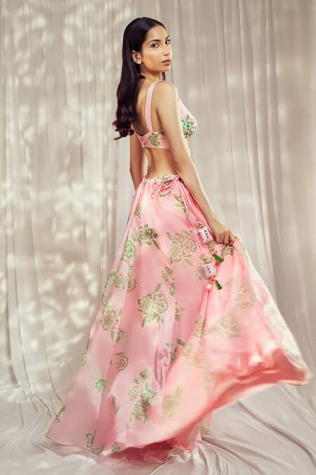 Buy_Harshita Singhvi_Pink Organza, Silk Cut Work Plunge Neck Rosa Bloom Print Lehenga Set _Online_at_Aza_Fashions