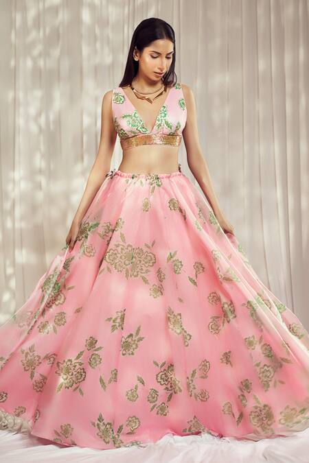 Shop_Harshita Singhvi_Pink Organza, Silk Cut Work Plunge Neck Rosa Bloom Print Lehenga Set _Online_at_Aza_Fashions