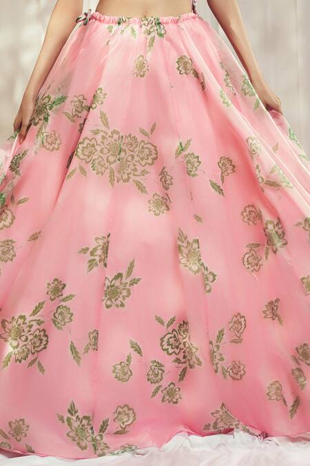 Harshita Singhvi_Pink Organza, Silk Cut Work Plunge Neck Rosa Bloom Print Lehenga Set _at_Aza_Fashions