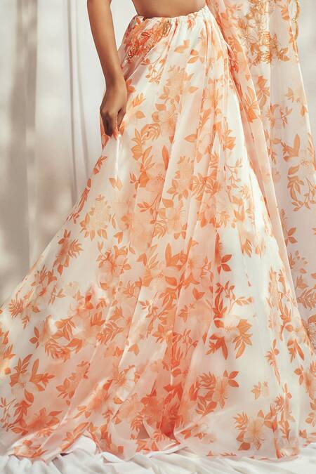 Harshita Singhvi_Orange Organza, Silk Cut Work, Embroidery Plunge French Bloom Print Lehenga Set _Online_at_Aza_Fashions