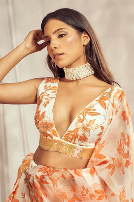 Buy_Harshita Singhvi_Orange Organza, Silk Cut Work, Embroidery Plunge French Bloom Print Lehenga Set 