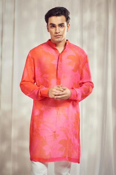 Harshita Singhvi_Pink Georgette Mellow Bloom Print Kurta _Online_at_Aza_Fashions