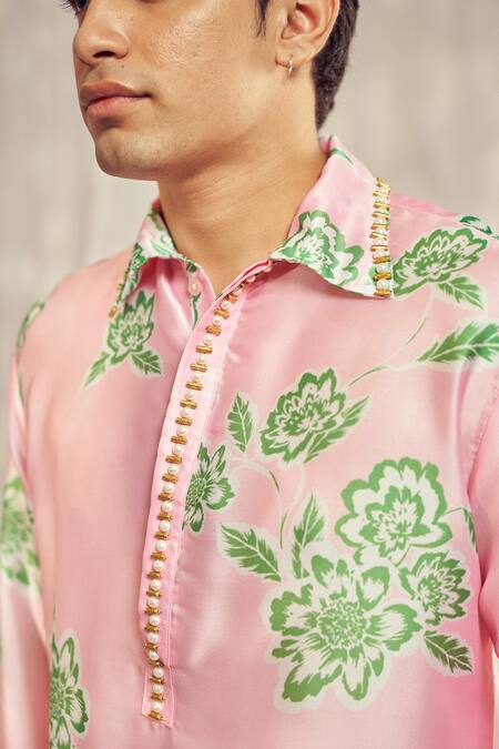 Harshita Singhvi_Pink Georgette, Satin Pearls Gardenia Bloom Print Kurta _Online_at_Aza_Fashions