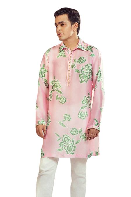 Buy_Harshita Singhvi_Pink Georgette, Satin Pearls Gardenia Bloom Print Kurta _Online_at_Aza_Fashions