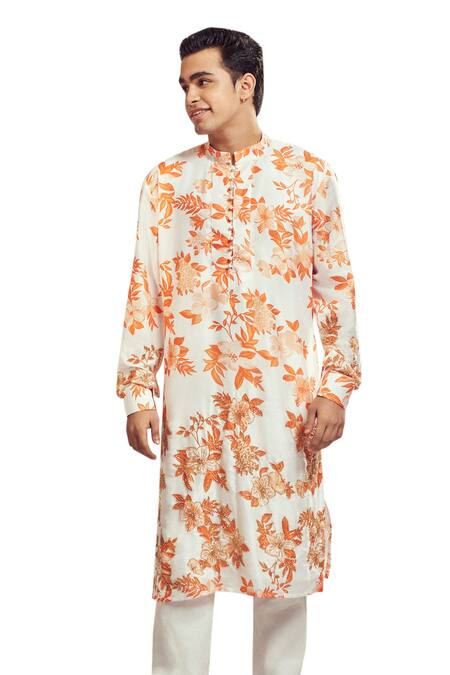 Harshita Singhvi_Orange Tussar Cut Work, Embroidery Spring Bloom Kurta _Online_at_Aza_Fashions