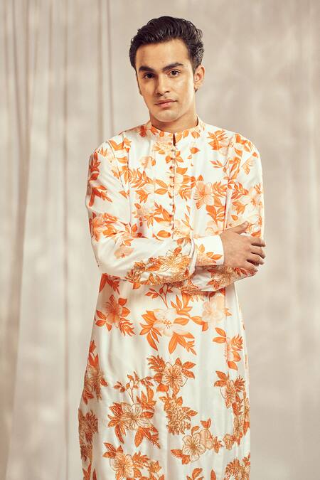 Buy_Harshita Singhvi_Orange Tussar Cut Work, Embroidery Spring Bloom Kurta _Online_at_Aza_Fashions