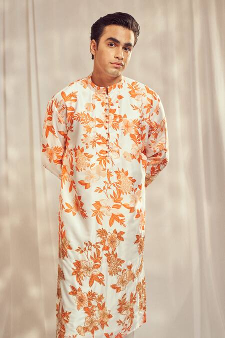 Shop_Harshita Singhvi_Orange Tussar Cut Work, Embroidery Spring Bloom Kurta _Online_at_Aza_Fashions