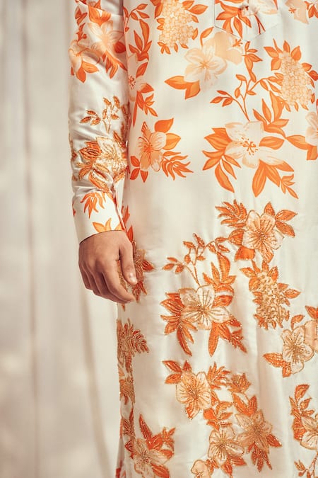 Harshita Singhvi_Orange Tussar Cut Work, Embroidery Spring Bloom Kurta _at_Aza_Fashions