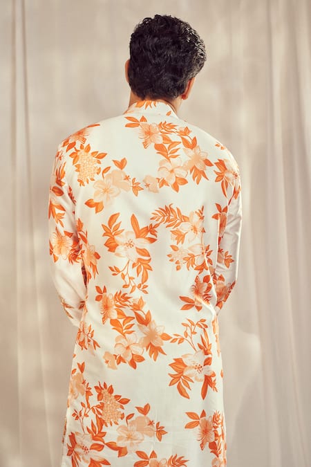 Shop_Harshita Singhvi_Orange Tussar Cut Work, Embroidery Spring Bloom Kurta 