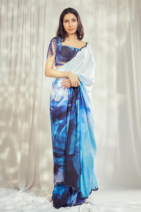 Harshita Singhvi Blue Crepe Tassels, Cut Work Square Neck Marble Bloom Print Saree With Blouse Online at Aza Fashions Harshita Singhvi_Blue Crepe Tassels, Cut Work Square Neck Marble Bloom Print Saree With Blouse_Online_at_Aza_Fashions