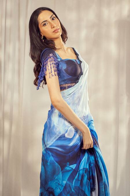 Buy Harshita Singhvi Blue Crepe Tassels, Cut Work Square Neck Marble Bloom Print Saree With Blouse Online at Aza Fashions Buy_Harshita Singhvi_Blue Crepe Tassels, Cut Work Square Neck Marble Bloom Print Saree With Blouse_Online_at_Aza_Fashions