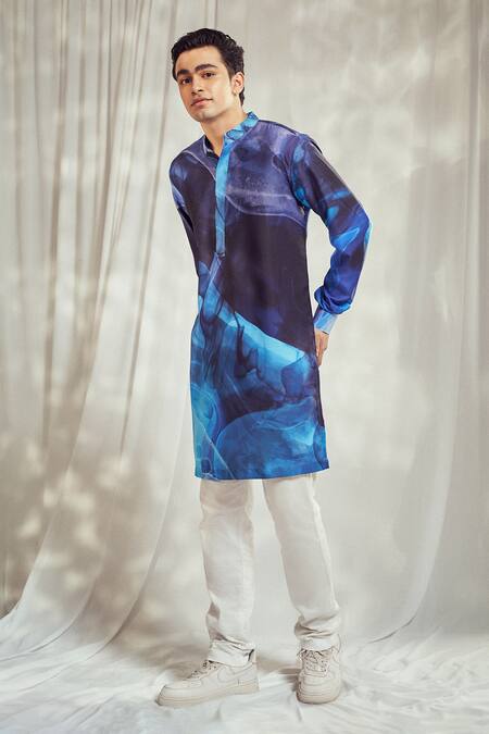 Harshita Singhvi_Blue Crepe Marble Swerve Print Kurta _Online_at_Aza_Fashions