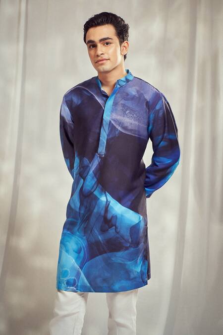 Buy_Harshita Singhvi_Blue Crepe Marble Swerve Print Kurta _Online_at_Aza_Fashions