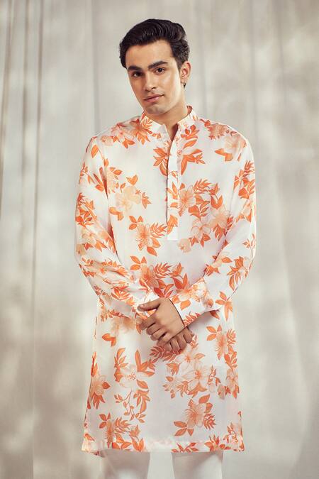 Harshita Singhvi_Orange Georgette, Satin Autumn Bloom Print Kurta _Online_at_Aza_Fashions