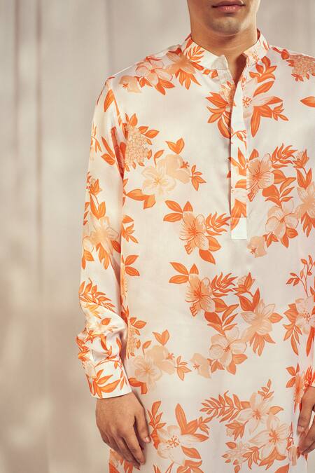 Shop_Harshita Singhvi_Orange Georgette, Satin Autumn Bloom Print Kurta _Online_at_Aza_Fashions
