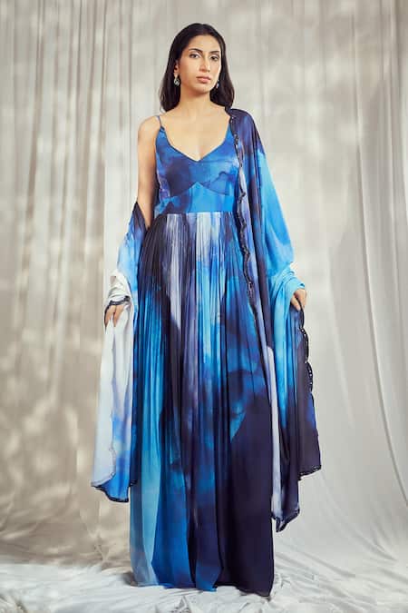 Harshita Singhvi Blue Crepe, Georgette Cut Work V-neck Marble Swerve Print Anarkali With Dupatta Online at Aza Fashions Harshita Singhvi_Blue Crepe, Georgette Cut Work V-neck Marble Swerve Print Anarkali With Dupatta_Online_at_Aza_Fashions