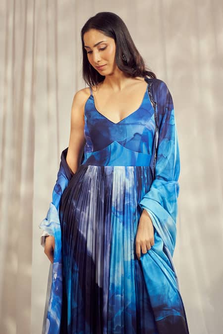 Shop Harshita Singhvi Blue Crepe, Georgette Cut Work V-neck Marble Swerve Print Anarkali With Dupatta Online at Aza Fashions Shop_Harshita Singhvi_Blue Crepe, Georgette Cut Work V-neck Marble Swerve Print Anarkali With Dupatta_Online_at_Aza_Fashions