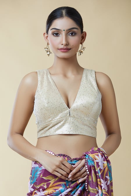 Samyukta Singhania Gold Tissue Embroidered Sequin Plunge-v V-neck Saree Blouse 