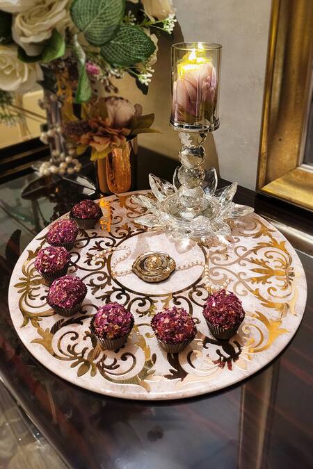 The Bling Edit_Beige Acrylic, Polymers And Glass Flower Mandala Carved Placemat_Online_at_Aza_Fashions