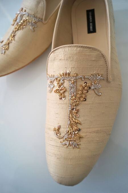 Shradha Hedau Footwear Couture_Beige Dabka Nimit And Sequin Fern Embroidered Moccasin Shoes _Online_at_Aza_Fashions
