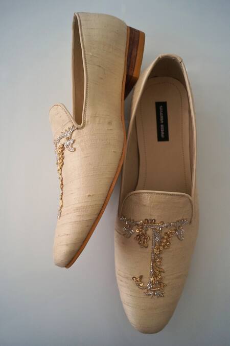 Buy_Shradha Hedau Footwear Couture_Beige Dabka Nimit And Sequin Fern Embroidered Moccasin Shoes _Online_at_Aza_Fashions
