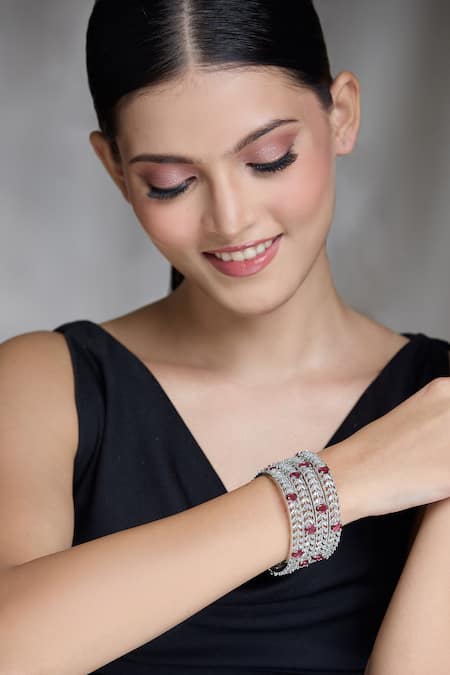 Buy Moh-Maya By Disha Khatri Silver Plated Zari, Rhinestones Zircon Embellished Bangles - Set Of 2 Buy_Moh-Maya By Disha Khatri_Silver Plated Zari, Rhinestones Zircon Embellished Bangles - Set Of 2