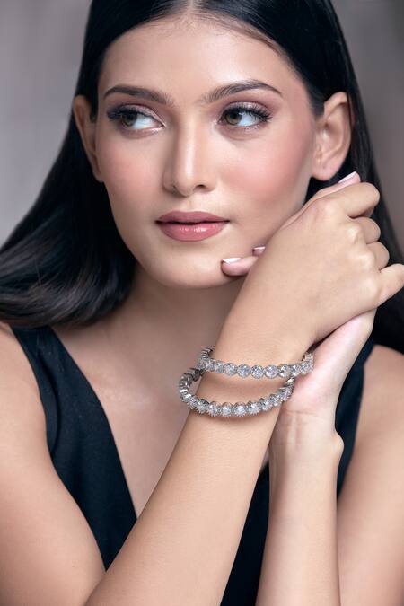 Buy Moh-Maya By Disha Khatri Silver Plated Zari, Stones Zircon And Moissanite Studded Bangles - Set Of 2 Buy_Moh-Maya By Disha Khatri_Silver Plated Zari, Stones Zircon And Moissanite Studded Bangles - Set Of 2