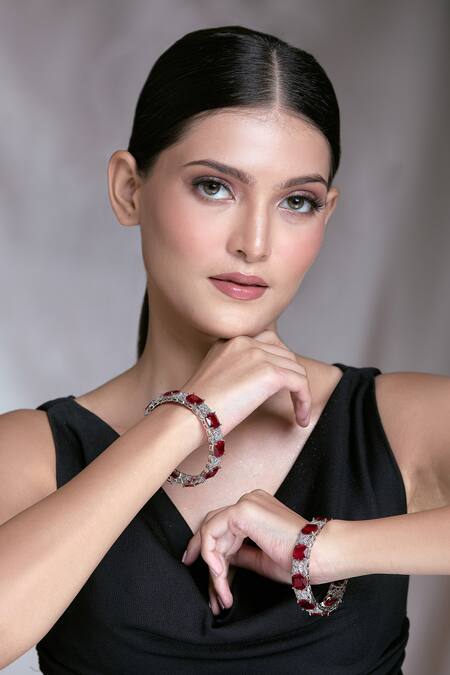 Buy Moh-Maya By Disha Khatri Silver Plated Zari, Diamonds Zircon And Ruby Stone Studded Bangles - Set Of 2 Buy_Moh-Maya By Disha Khatri_Silver Plated Zari, Diamonds Zircon And Ruby Stone Studded Bangles - Set Of 2