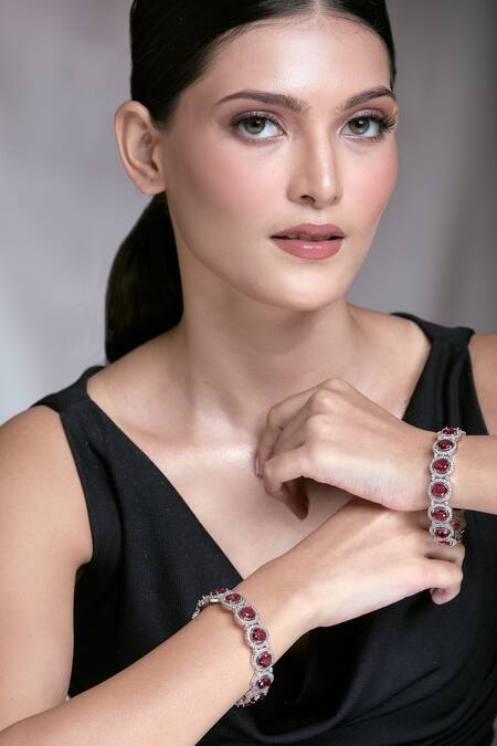 Buy_Moh-Maya By Disha Khatri_Silver Plated Zari, Diamonds Zircon And Ruby Stone Embellished Bangles - Set Of 2 