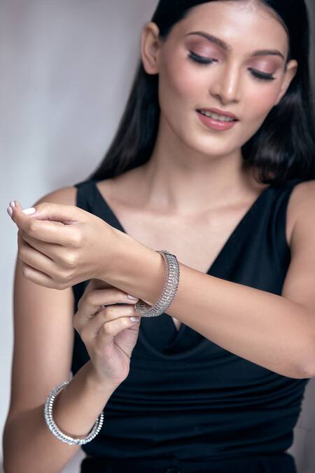 Buy Moh-Maya By Disha Khatri Silver Plated Zari, Diamonds Moissanite And Ruby Studded Bangles Buy_Moh-Maya By Disha Khatri_Silver Plated Zari, Diamonds Moissanite And Ruby Studded Bangles