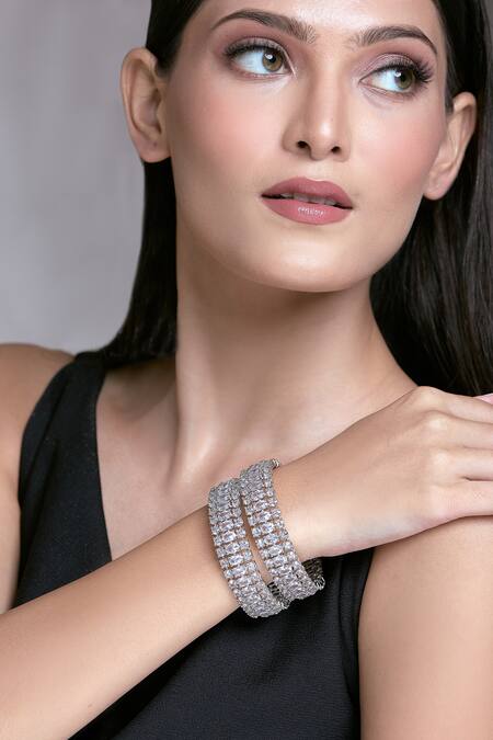 Buy Moh-Maya By Disha Khatri Silver Plated Zari, Diamonds Moissanite And Zircon Studded Bangles - Set Of 2 Buy_Moh-Maya By Disha Khatri_Silver Plated Zari, Diamonds Moissanite And Zircon Studded Bangles - Set Of 2