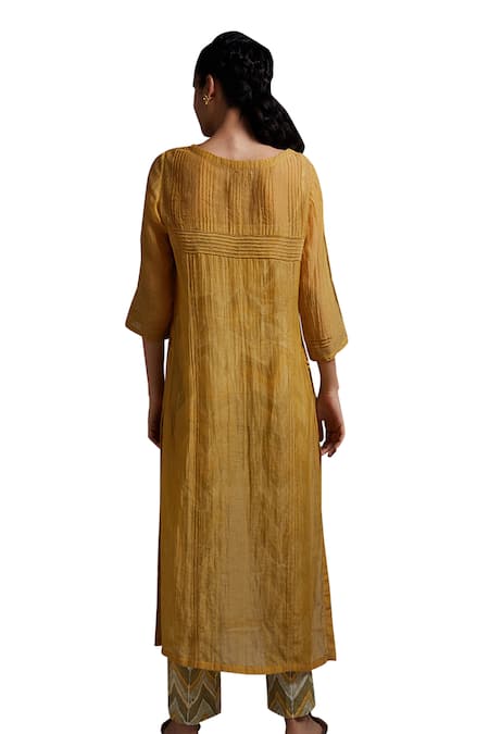 Shop_Shikha Malik_Yellow Silk, Chanderi Zari Round Neck Udaya Detailed Kurta Pant Set 