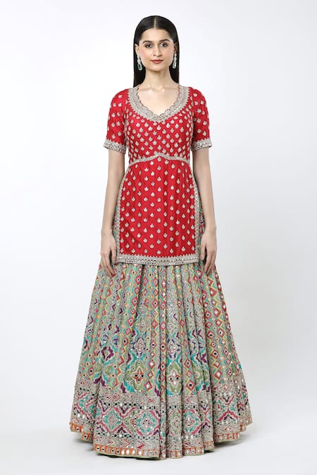 Abhinav Mishra Multi Color Cotton Zari, Embroidery Begum Lehenga Kurta Set Online at Aza Fashions Abhinav Mishra_Multi Color Cotton Zari, Embroidery Begum Lehenga Kurta Set_Online_at_Aza_Fashions