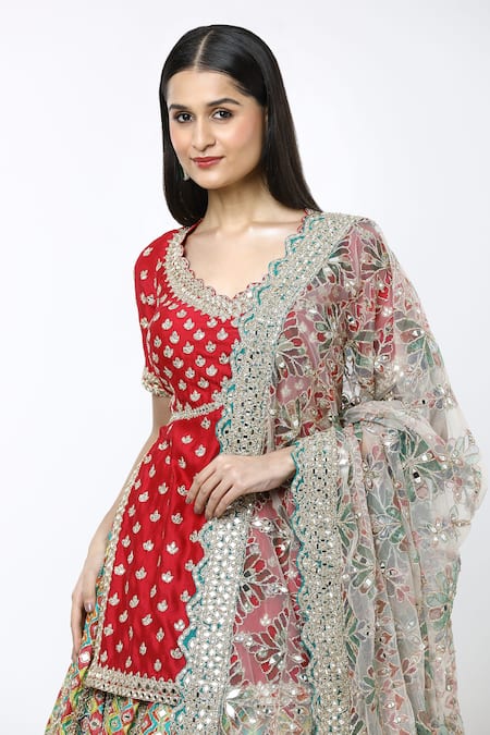 Shop Abhinav Mishra Multi Color Cotton Zari, Embroidery Begum Lehenga Kurta Set Online at Aza Fashions Shop_Abhinav Mishra_Multi Color Cotton Zari, Embroidery Begum Lehenga Kurta Set_Online_at_Aza_Fashions