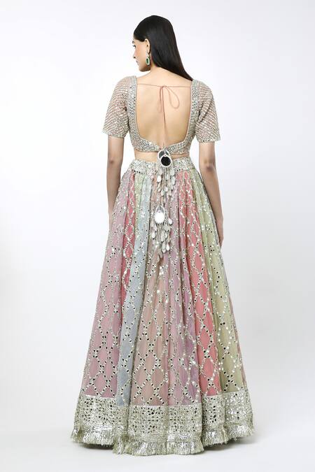Shop Abhinav Mishra Multi Color Chiffon, Silk Mirrors, Embroidery, Zari Sweetheart Neck Lehenga Set at Aza Fashions Shop_Abhinav Mishra_Multi Color Chiffon, Silk Mirrors, Embroidery, Zari Sweetheart Neck Lehenga Set_at_Aza_Fashions