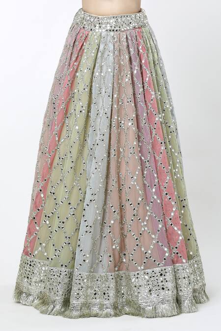 Abhinav Mishra Multi Color Chiffon, Silk Mirrors, Embroidery, Zari Sweetheart Neck Lehenga Set Online at Aza Fashions Abhinav Mishra_Multi Color Chiffon, Silk Mirrors, Embroidery, Zari Sweetheart Neck Lehenga Set_Online_at_Aza_Fashions