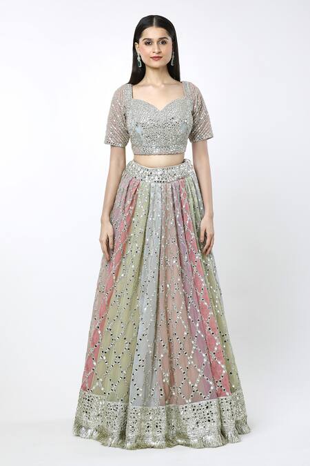 Buy Abhinav Mishra Multi Color Chiffon, Silk Mirrors, Embroidery, Zari Sweetheart Neck Lehenga Set Online at Aza Fashions Buy_Abhinav Mishra_Multi Color Chiffon, Silk Mirrors, Embroidery, Zari Sweetheart Neck Lehenga Set_Online_at_Aza_Fashions