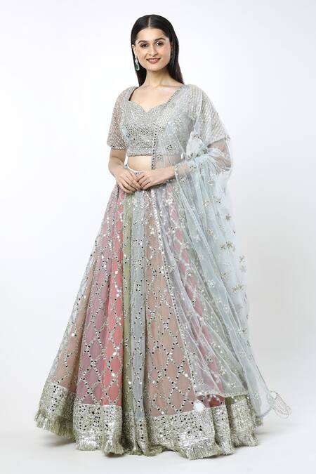 Shop Abhinav Mishra Multi Color Chiffon, Silk Mirrors, Embroidery, Zari Sweetheart Neck Lehenga Set Online at Aza Fashions Shop_Abhinav Mishra_Multi Color Chiffon, Silk Mirrors, Embroidery, Zari Sweetheart Neck Lehenga Set_Online_at_Aza_Fashions