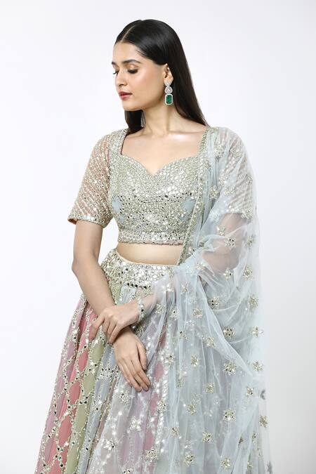 Abhinav Mishra Multi Color Chiffon, Silk Mirrors, Embroidery, Zari Sweetheart Neck Lehenga Set at Aza Fashions Abhinav Mishra_Multi Color Chiffon, Silk Mirrors, Embroidery, Zari Sweetheart Neck Lehenga Set_at_Aza_Fashions