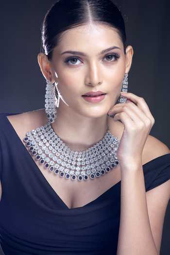 Buy Moh-Maya By Disha Khatri Silver Plated Zari Zirconia Embellished Necklace Set Buy_Moh-Maya By Disha Khatri_Silver Plated Zari Zirconia Embellished Necklace Set