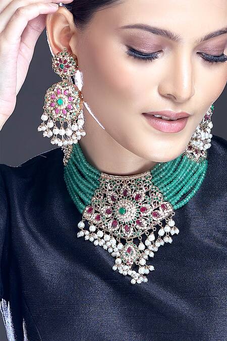 Shop Moh-Maya By Disha Khatri Gold Plated Pearls, Beads, Zari Geometric Carved Pendant Necklace Set Shop_Moh-Maya By Disha Khatri_Gold Plated Pearls, Beads, Zari Geometric Carved Pendant Necklace Set