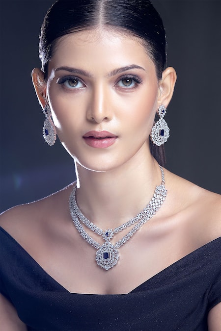 Moh-Maya by Disha Khatri Silver Plated Zirconia Embellished Pendant Necklace Set 