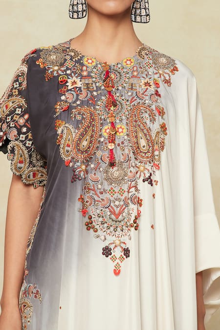 Buy_Anamika Khanna_Grey Cotton, Silk Embroidery Round Neck Paisley Tunic And Draped Skirt Set_Online_at_Aza_Fashions