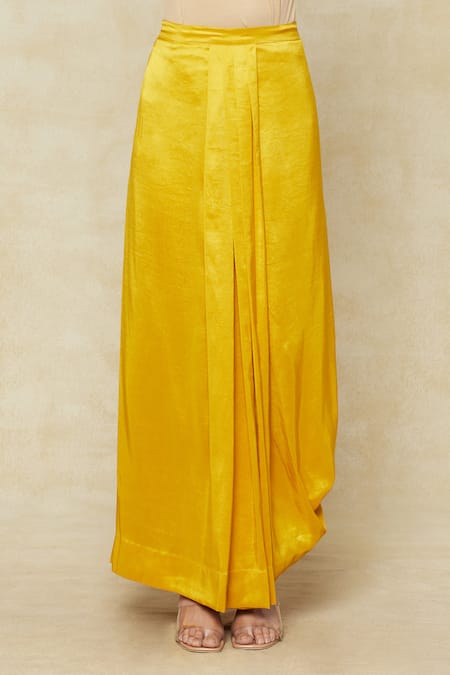 Anamika Khanna Yellow Satin, Silk Embroidery V-neck Floral Kaftan Top And Draped Skirt Set Online at Aza Fashions Anamika Khanna_Yellow Satin, Silk Embroidery V-neck Floral Kaftan Top And Draped Skirt Set_Online_at_Aza_Fashions