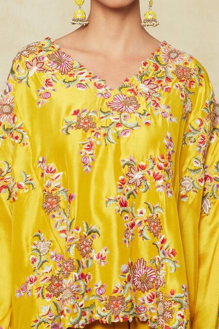 Buy Anamika Khanna Yellow Satin, Silk Embroidery V-neck Floral Kaftan Top And Draped Skirt Set Online at Aza Fashions Buy_Anamika Khanna_Yellow Satin, Silk Embroidery V-neck Floral Kaftan Top And Draped Skirt Set_Online_at_Aza_Fashions